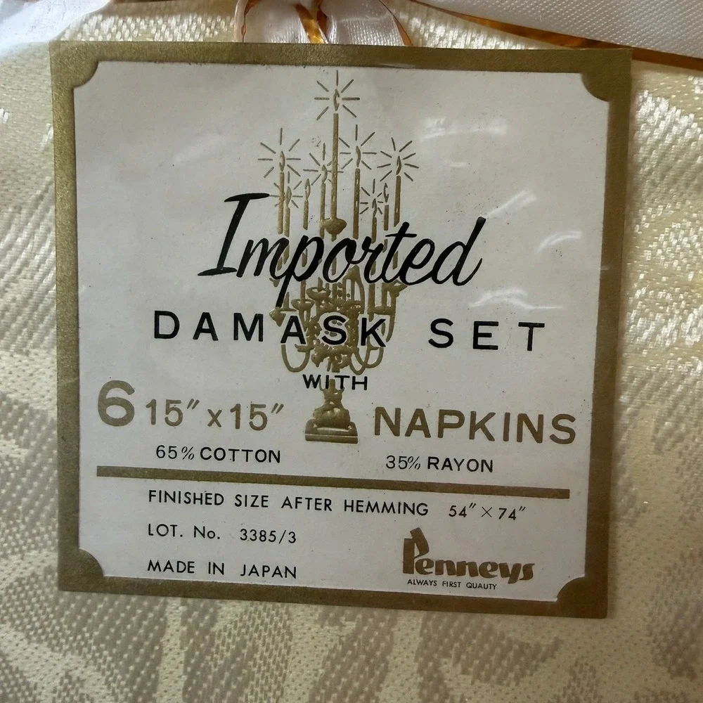 Penneys Vintage 50s Damask Tablecloth & 6 Napkins Set Cream Floral Scroll Boxed